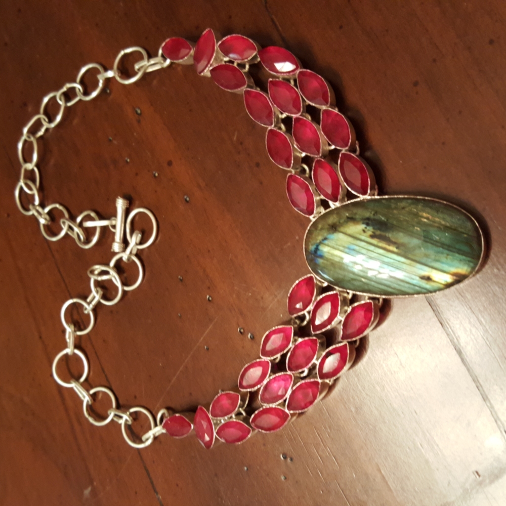 Labradorite and Ruby Necklace in Sterling Silver   NWOT